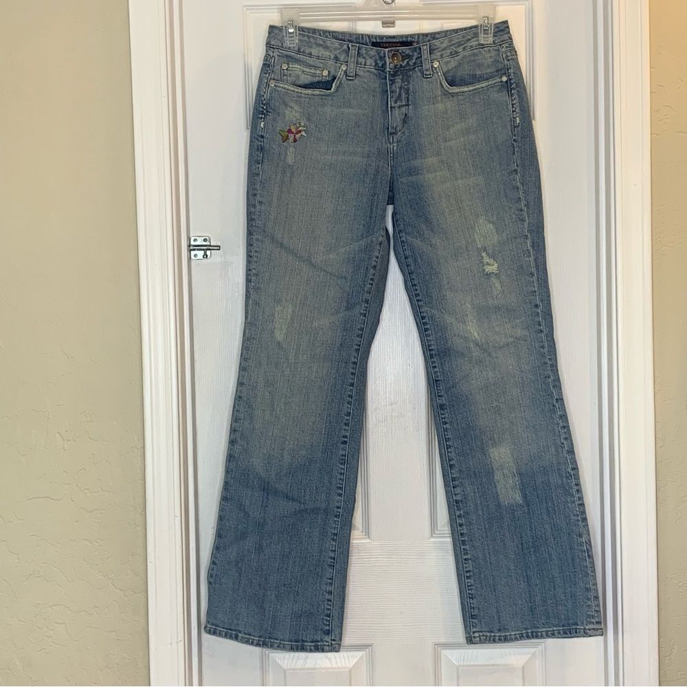 Vertigo Floral Embroidered Distressed Flare Leg Jeans Size 8